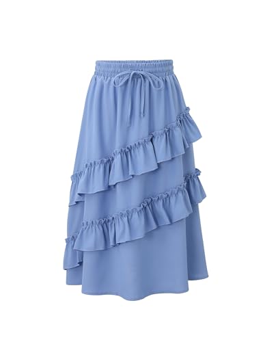 Image of Girls High Waisted Ruffle Maxi Skirt Soft Cotton Long Skirts with Elastic Waistband for Kid Girl 3-12 Years