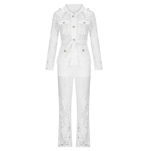 Women's 2 Piece Outfits Sexy Lace Suits Long Sleeve Button-Down Shirt and Flared Pants Elegant Sets with Belt4