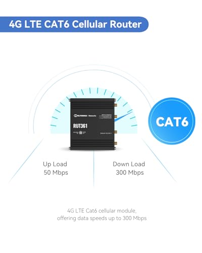 Image of Teltonika RUT361 Industrial 4G LTE CAT6 Cellular Router, 300Mbps DL, 2 Ethernet Ports, Verizon /AT&T /T-Mobile Certified, WAN Failover, DI /DO, Compact Design for M2M & IoT Application (RUT361200800)