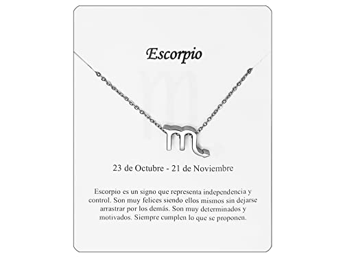 Collar Signo Zodiaco Escorpio Acero Inoxidable hermosa Tarjeta Significado Signo Zodiacal Colgante Horóscopo Para mujer o Hombre Regalo Cumpleaños (Escorpio Plateado)