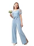 WDIRARA Girl's Contrast Mesh Butterfly Embroidery Romper Short Puff Sleeve Jumpsuit Blue 12-13Y