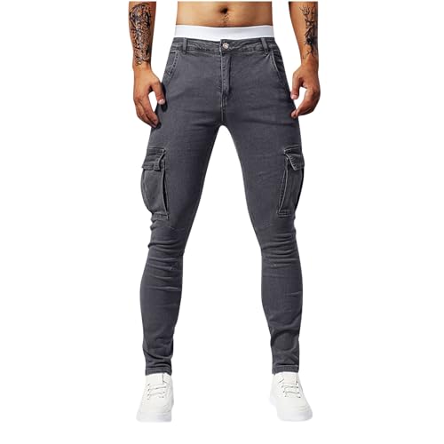 Mens Denim Pants Vintage Classic Stretch Cargo Pants Stylish Casual Distressed Wash Jeans Trousers with Multi Pockets