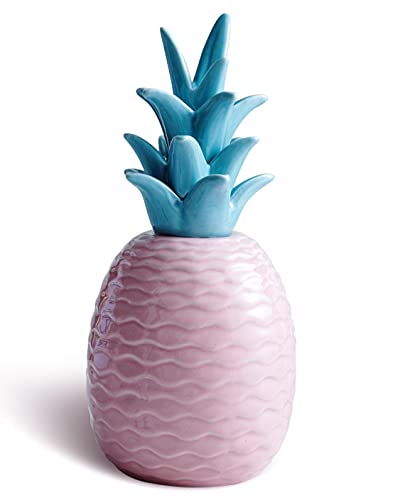 Jojuno Pineapple Ceramic Decorative Ananas Home Decor Collectible Figurines Showpiece Beautifully Sculpted with Realistic Detail, Pink Color with Aqua Gloss Crown, 10 inch Tall