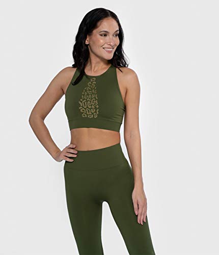 HECVS #HEART and SOUL, Top para mujer, Riviera Leo-Green Bush, sujetador deportivo con tirantes cruzados en la espalda y diseño moteado hecho de tachuelas doradas, Mujer, 0919035RL1989-M/L, verde, M/L