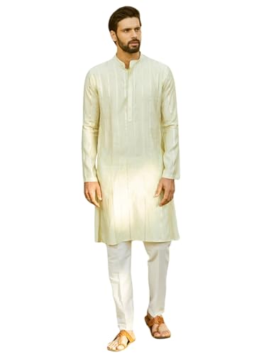 Image of See Designs Men Full Sleeve Chanderi Silk Sequins Mandarin Collar Side Slit Kurta With Pyjama
