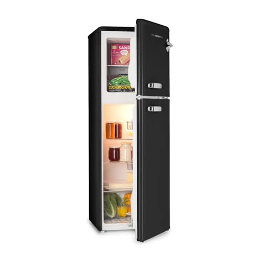 KLARSTEIN Audrey Retro - Combinación nevera-congelador retro, nevera y congelador, potencia frigorífica regulable sin escalonamientos, iluminación interior, 41 dB de ruido de funcionamiento, negro
