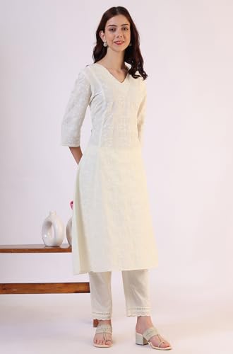 Image of W for Woman Embroidered Lace Cotton Blend Straight Kurta & Straight pant Set