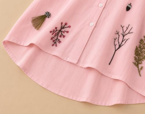 Image of Gufrina Women Designer Botanical Embroidered Korean Style Shirt | Button Down Relaxed Fit | High Low Hem Three Quarter Sleeve | Casual Smart Top-Shirt