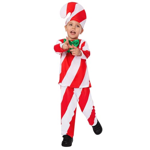 Toddler Boy Candy Cane Outfit Long Sleeve Striped Bowtie Tops + Pants + Hat Little Kids Christmas Photoshoot Clothes3
