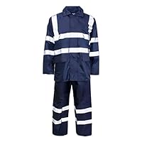 Adults 2 Piece Waterproof Suit Mens Hi Vis Protective Rainsuit Unisex Rain Wear Water Resistance Jacket and Trousers Set (Hi Vis Navy Rainsuit 3X-Large)