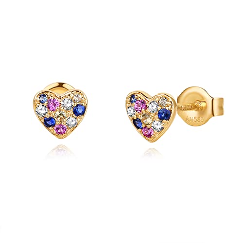 FANCIME 14K Solid Yellow Gold Sapphire Diamond Small Tiny Cute Stud Earrings for Women