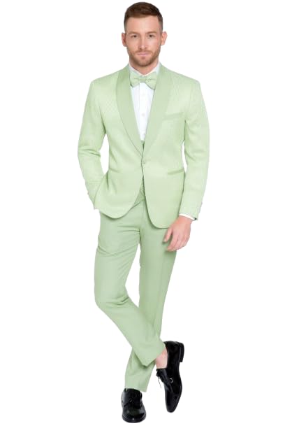 Men’s Mint Green Tuxedo Suit – Slim Fit Shawl Lapel with Matching Bow Tie in Sage Green Color - Light Green