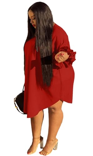 Image of Ekaliy Women's Casual Vintage Ruffle Sleeve Loose Party Midi Plus Size Dress Casual Summer