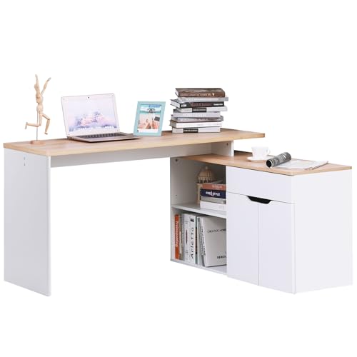 HOMCOM Bureau d'angle Bureau Informatique multimédia modulable Multi-rangements Double Niche + tiroir et Placard en Bois Clair Blanc