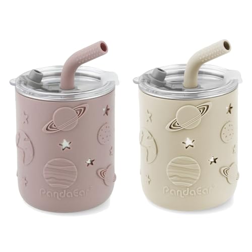 PandaEar Lot De 2 Gobelets Bébé En Acier Inoxydable Avec Couvercles Et Manchons En Silicone | 260 Ml Gobelets Anti-Fuite Avec Paille De Dentition Pour Bébés Et...