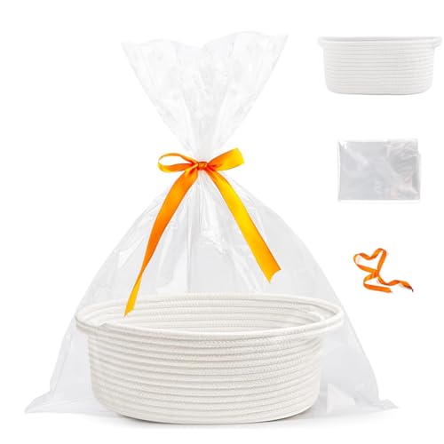 Neuytiky Cesta de armazenamento de corda de algodão trançada, cesta trançada com asas, cesta de presente vazia com sacos de presente e fitas, para embrulhar presentes, Natal, casamento, aniversário