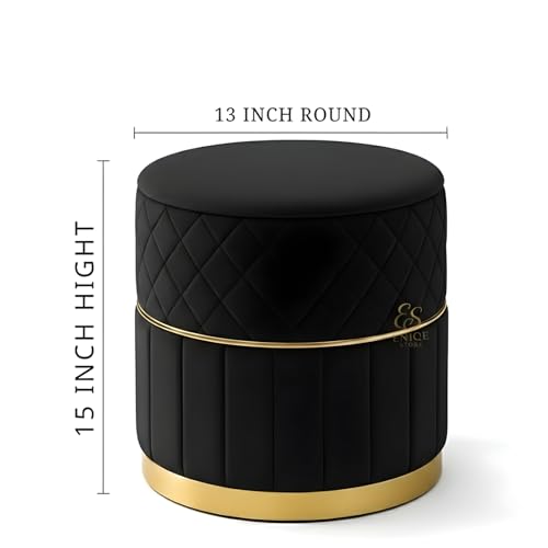 Image of Set of 2 Round Velvet Ottoman Footstool Gold Base - Tufted Upholstered Pouffe Stool for Living Room, Bedroom & Dressing Area (Black)