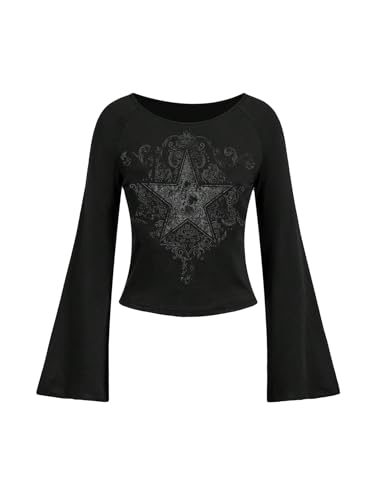 WDIRARA Women's Bell Sleeve Crop Top Star Print Round Neck Gothic
