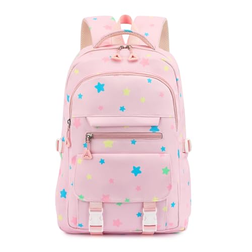 Image of RRTGNEI Kids High Middle School Backpack for Girls 5-12 Kawaii Travel Star Bookbag,Pink Star