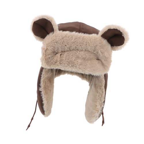 VANZACK Thermal Protection Bear Earmuffs Hat Thick Riding Hat Ear Flaps Unisex Winter Cap for Cold Weather Outdoor Wear Coffee