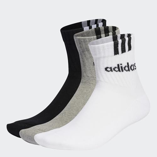 adidas Unisex 3-Stripes Linear Half-Crew Cushioned Socks 3 Pairs, medium grey heather/white/black, 40-42