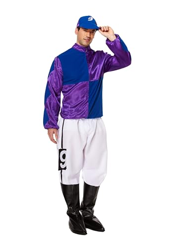 HENBRANDT Adult Mens Blue and Purple Horse Jockey Outfit with Peaked Hat and Boot Covers Sports Fancy Dress Costume Racing Jockey Dress Up Outfit One Size Mens Fancy Dress Costume