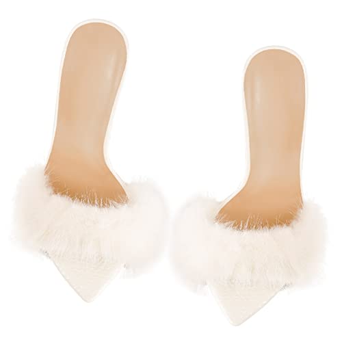 Richealnana Women's Fur Fuzzy Sexy High Heels for Women Stiletto High Heels Mules Sandals2