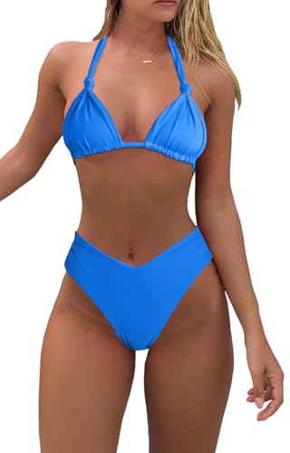 Women Blue String Bikini Set Cheeky High Waisted High Cut Two Piece Swimsuits Solid Halter Straps Triangle Bathing Suit XL