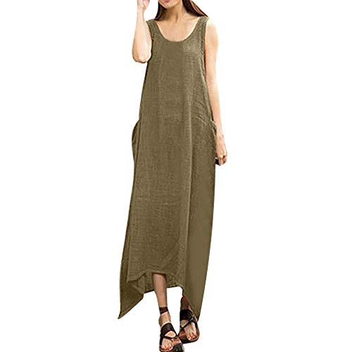 Women Maxi Dress Vintage Boho Casual Loose Sleeveless Irregular Hemline Dress O-Neck Linen Summer Long Dress with Pockets (Army Green, XL=(14 UK))