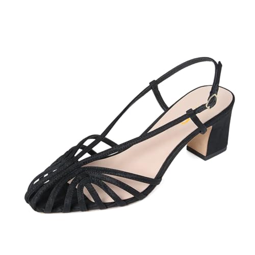 XYD Women Caged Square Toe Slingback Sandals Cutout Block Low Heel Pumps Strappy Dress Chic Shoes
