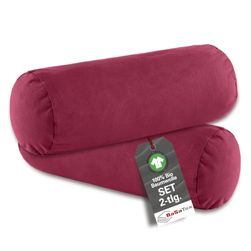 BaSaTex Bio Kissenbezüge für Nackenrolle 40x15 cm im 2er Pack - 97% GOTS-Zertifizierte Baumwolle + 3% Elasthan - Farbe: Bordeaux
