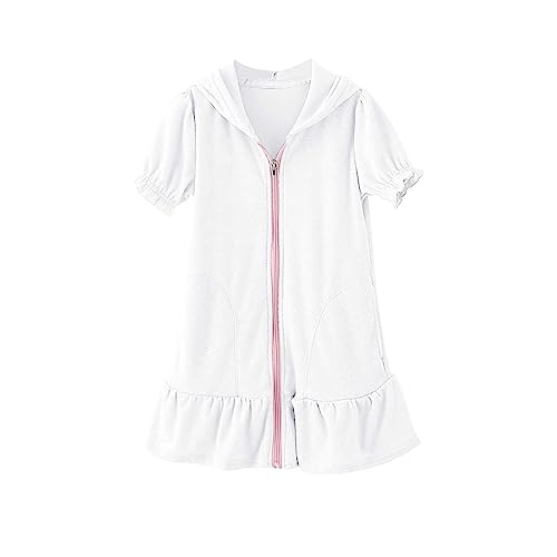 Kids Toddler Girls Hooded Terry Cover Up Swimsuit Zipper Swim Dress Short Sleeve Coverups Bathing Suit Swimwear