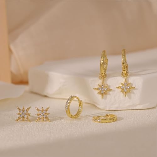 Image of Gold Plated Earrings for Women, 14k Gold Plated Earring Stack Hypoallergenic Pearl Drop Earring Dainty Earrings for Women Trendy Cute Small Huggie Hoop Earring Fashion Womens Jewelry
