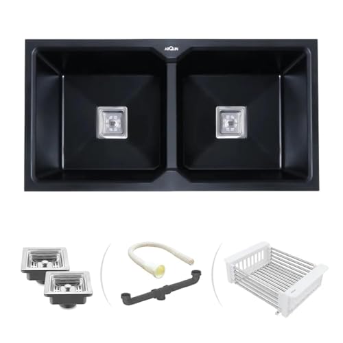 Image of ARQUIN Double Bowl Quartz Kitchen Sink 45x20x9 Inch Black | Durable & Scratch-Resistant Sink | Undermount,Topmount | Including Coupling,Sink Connector,Waste Pipe & Fruit Washing Basket