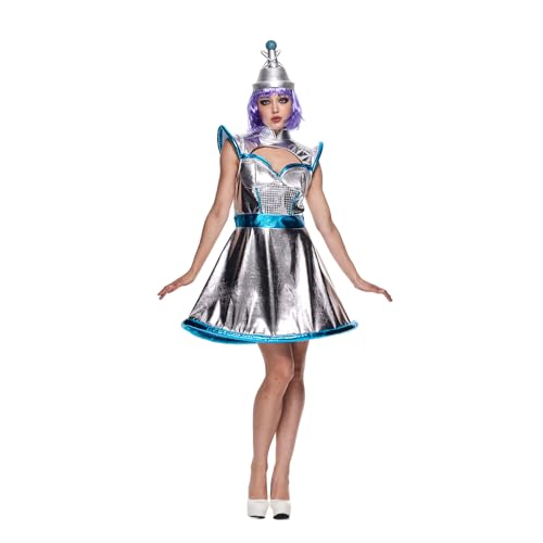 EraSpooky Women's Sexy Space Alien Costume Vintage Adult Shiny Metallic Robot Dress with Hat