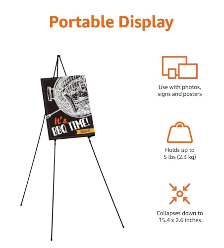 Image of Amazon Basics Easel Display Stand, Instant Floor Poster, Lightweight, Collapsible and Portable with Tripod Base, Black Steel (Supports 5 pounds) (Pack of 2)