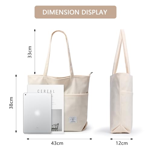 Image of KALIDI Women Corduroy Tote Bag Zipper Casual Tote's Handbag Big Capacity Shoulder Bag with Pockets