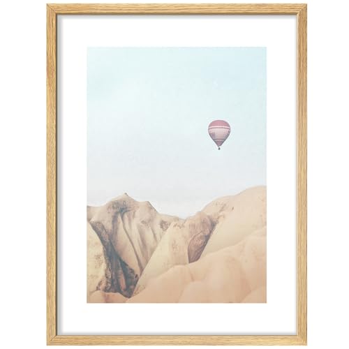 SIGNWIN Framed Poster Hot Air Balloon Over Mountains Peaceful Sky and Majestic Mountains Illustrations Nature Wilderness Minimalist Decorative for Living Room, Bedroom, Office - 11"x14" Natural