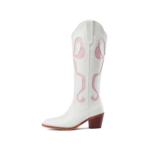 Image of Women's White Cowgirl Boots with Bow Knee High Cowboy Boots Almond Round Toe Chunky Heel Embroidered Western Cowboy Boots for Women