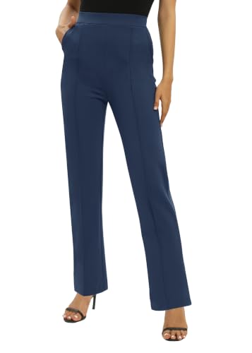 EXCHIC Damen Business Büro Gerades Bein Arbeits Hosen Freizeit Elastische Taille Hosen mit Taschen(L, Navy Blau)