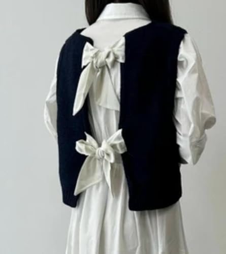 Image of Women's Back Tie Bow Knit Sweater Vest Casual Tops Y2K Sleeveless Crew Neck Knit Vest