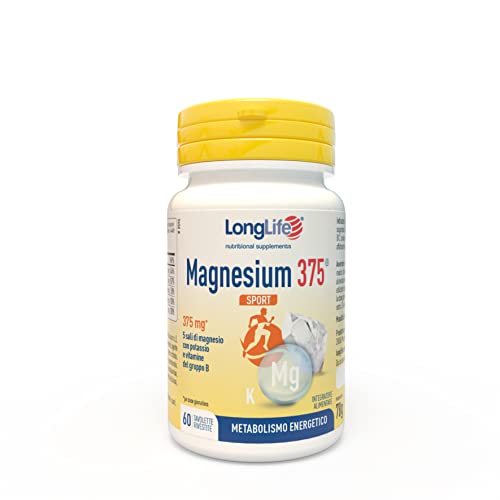 LongLife Magnesium 375® Sport | Energia e funzione muscolare | 5 sali di magnesio ad alta biodisponibilità | Con potassio e vitamine del gruppo B | 60 tavolette | Senza glutine e doping free