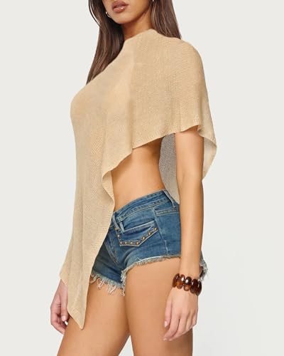 Womens Summer One Shoulder Knit Sheer Poncho Trendy Lightweight Asymmetric Shrug Pullover Sweaters3