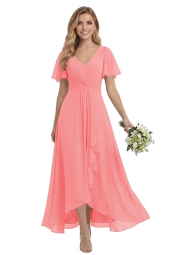 SEPT PRETTY Coral Chiffon V Neck Bridesmaid Dress A Line Short Sleeve High Low Formal Evening Gown Size 16