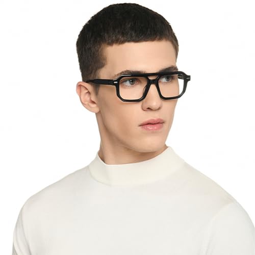 Image of Lenskart Studio | KJO Collection | Black Full Rim Hexagonal Zero Power Bluecut & Antiglare Computer Eyeglasses For Eye Protection And Strain | Men & Women | Large | LK E17045