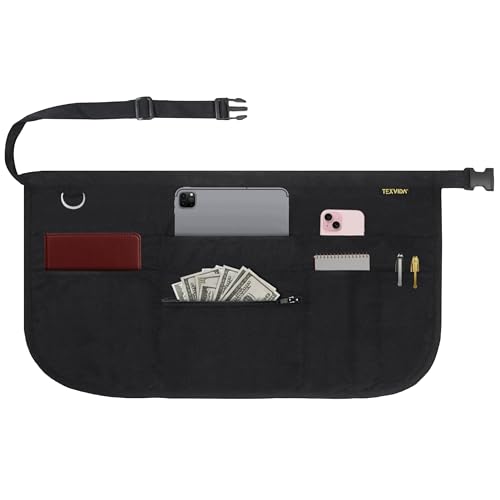 TEXVIDA 7 Pockets Server Apron with Buckle Closure & Zippered Money Pouch Stain Resistant Black Waitress Apron
