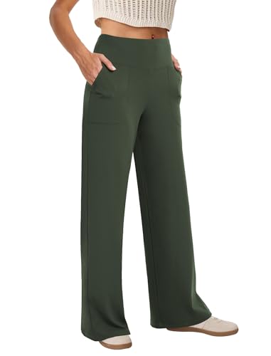 COPYLEAF Wide Leg Pants Woman High Waist Yoga Pants with Pockets Loose Stretch Dress Work Sweatpants Casual Lounge(Army Green XXL)