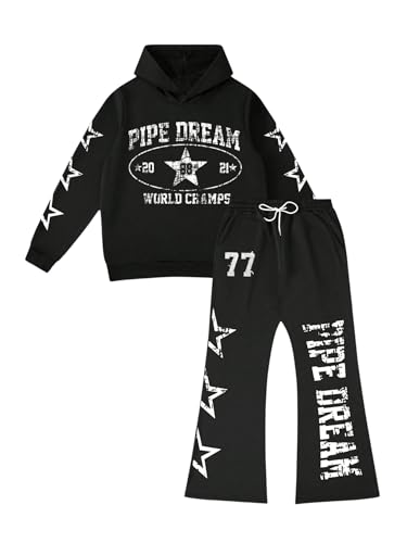 Men's 2 Piece Sweatsuit Long Sleeve Graphic Hoodies and Designer Stacked Sweatpants Jogging Suit