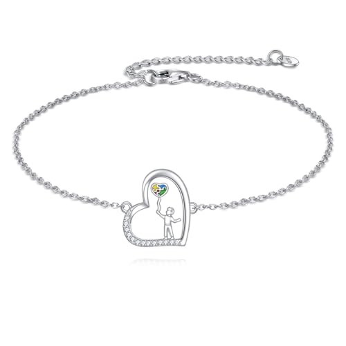 YFN Autism Awareness Bracelet Sterling Silver Puzzle Piece Charm Bracelet ASD Jewelry for Women Inspirational Autism Awareness Gifts