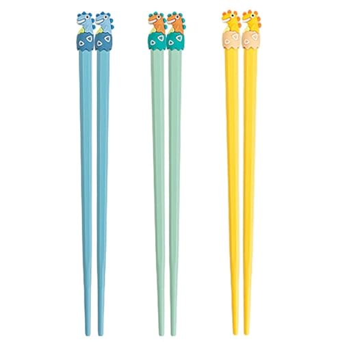 Chopsticks 3 Pairs Students Lightweight Chopstick, Cute with Dinosaur Head, Non-slippery Indented Tips, Easy to Use and Clean, 8.1"/207mm Long(3 Pairs without Case)